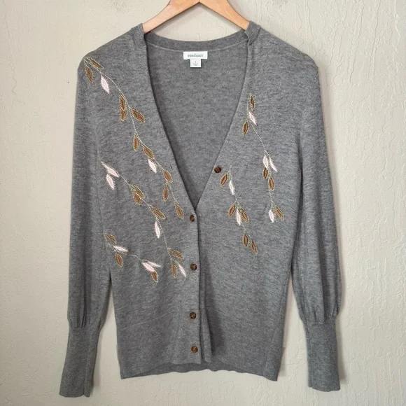 SUNDANCE Afterlight Gray Embroidered Cardigan Merino Wool Cotton Embellished SM - Picture 16 of 16